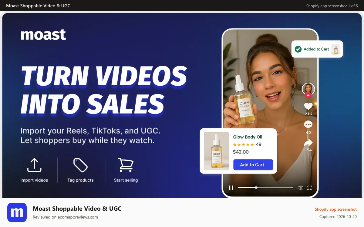 Moast Shoppable Video & UGC Shopify app screenshot: Turn Reels, TikToks, UGC into shoppable video
