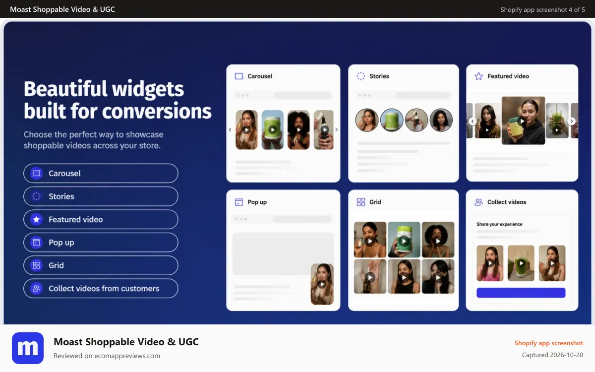 Moast Shoppable Video & UGC Shopify app screenshot: Create shoppable video widgets from UGC, TikToks, and Reels