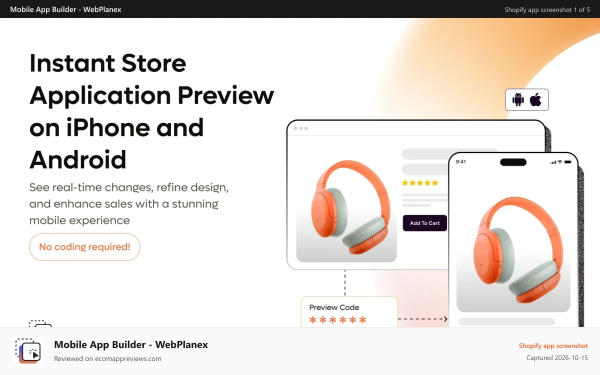 Mobile App Builder ‑ WebPlanex Shopify app screenshot: Instant app preview with Real-time Sync