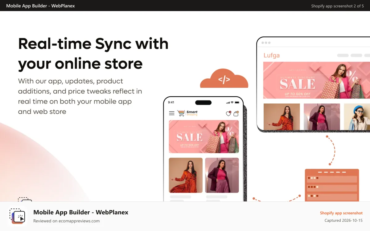 Mobile App Builder ‑ WebPlanex Shopify app screenshot: No coding skills required simple drag-and-drop MobileApp Builder