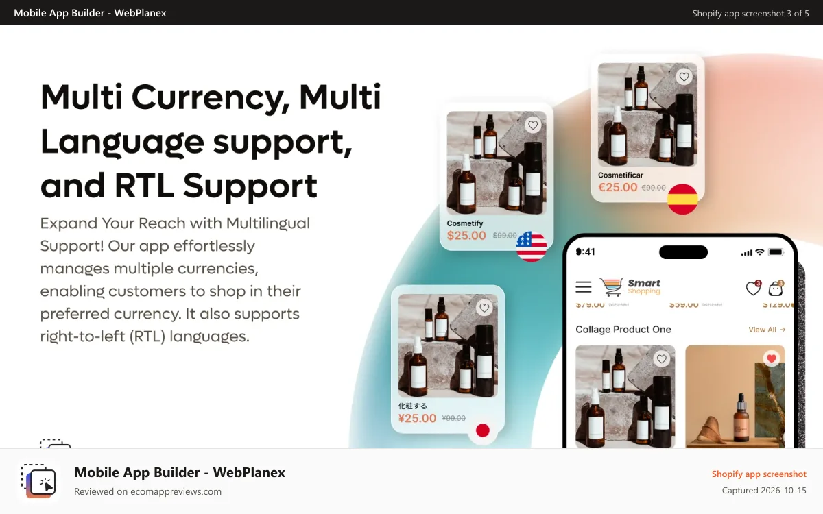 Mobile App Builder ‑ WebPlanex Shopify app screenshot: Multi-currency and multi-language support RTL and LTR Support