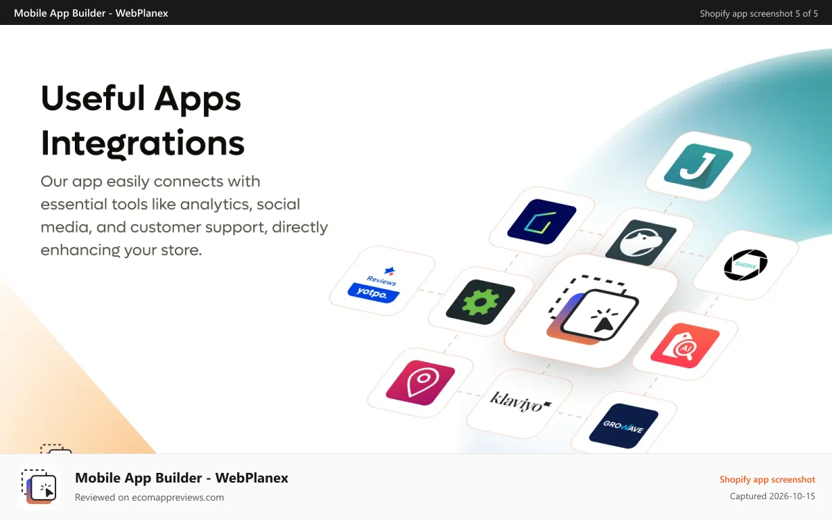Mobile App Builder ‑ WebPlanex Shopify app screenshot: Useful apps Integrations