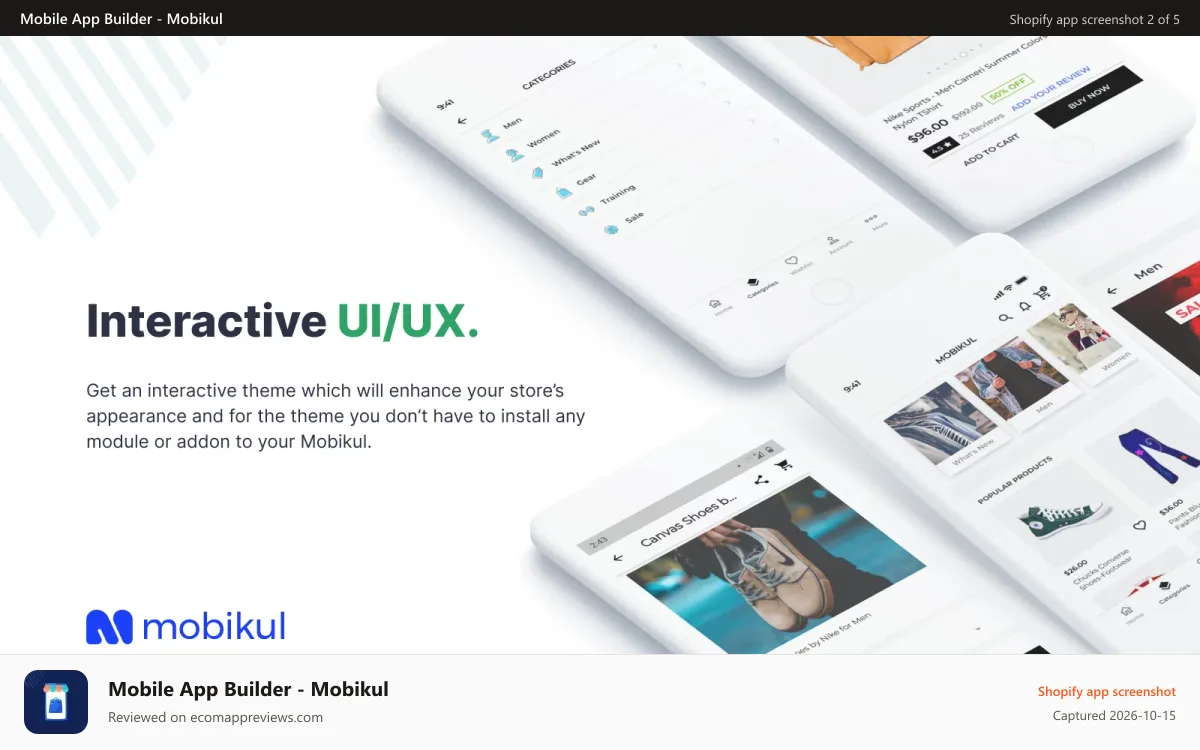 Mobile App Builder ‑ Mobikul Shopify app screenshot: interactive UI