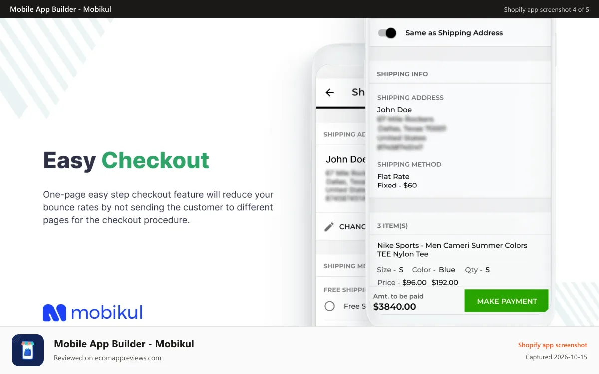 Mobile App Builder ‑ Mobikul Shopify app screenshot: easy checkout