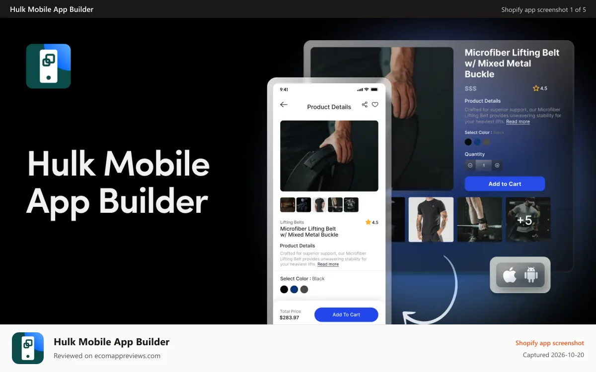 Hulk Mobile App Builder Shopify app screenshot: Build your mobile app with Hulk—fast, easy, no code.