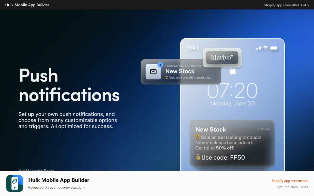 Hulk Mobile App Builder Shopify app screenshot: Customizable push notifications for better engagement.