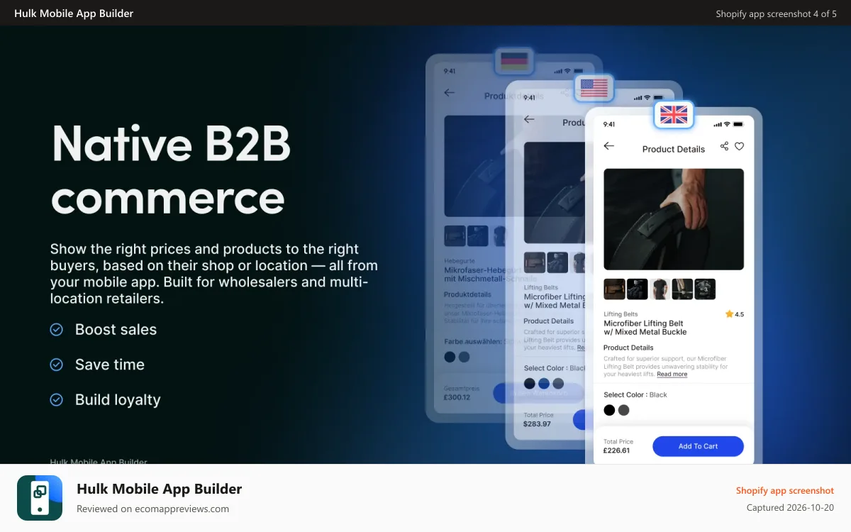 Hulk Mobile App Builder Shopify app screenshot: Native B2B mobile commerce with localized pricing.