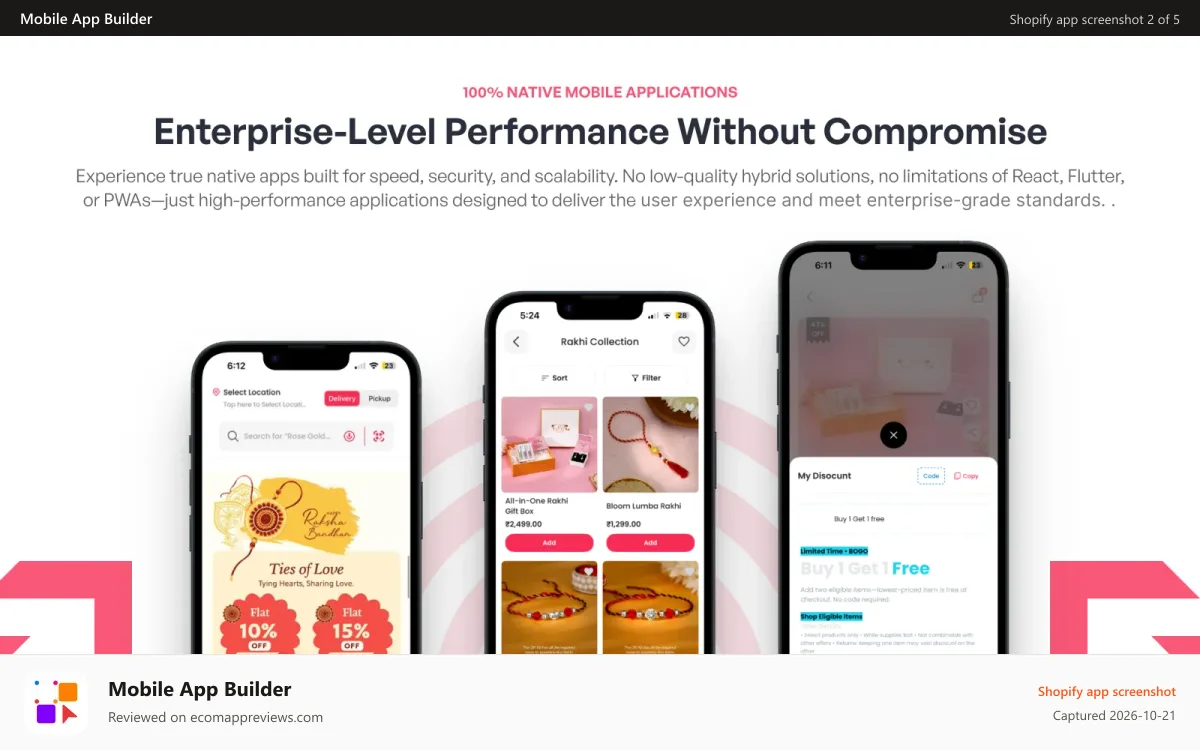Mobile App Builder Shopify app screenshot: 100% Native Mobile Applications