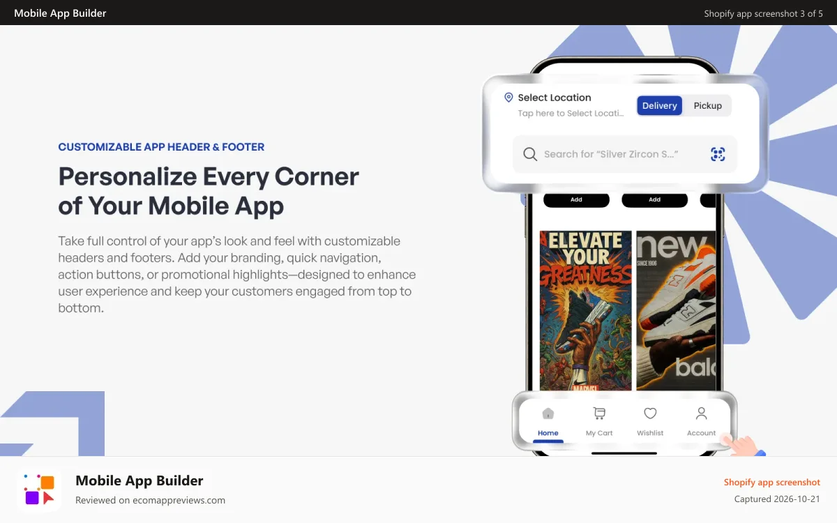 Mobile App Builder Shopify app screenshot: CUSTOMIZABLE APP HEADER & FOOTER