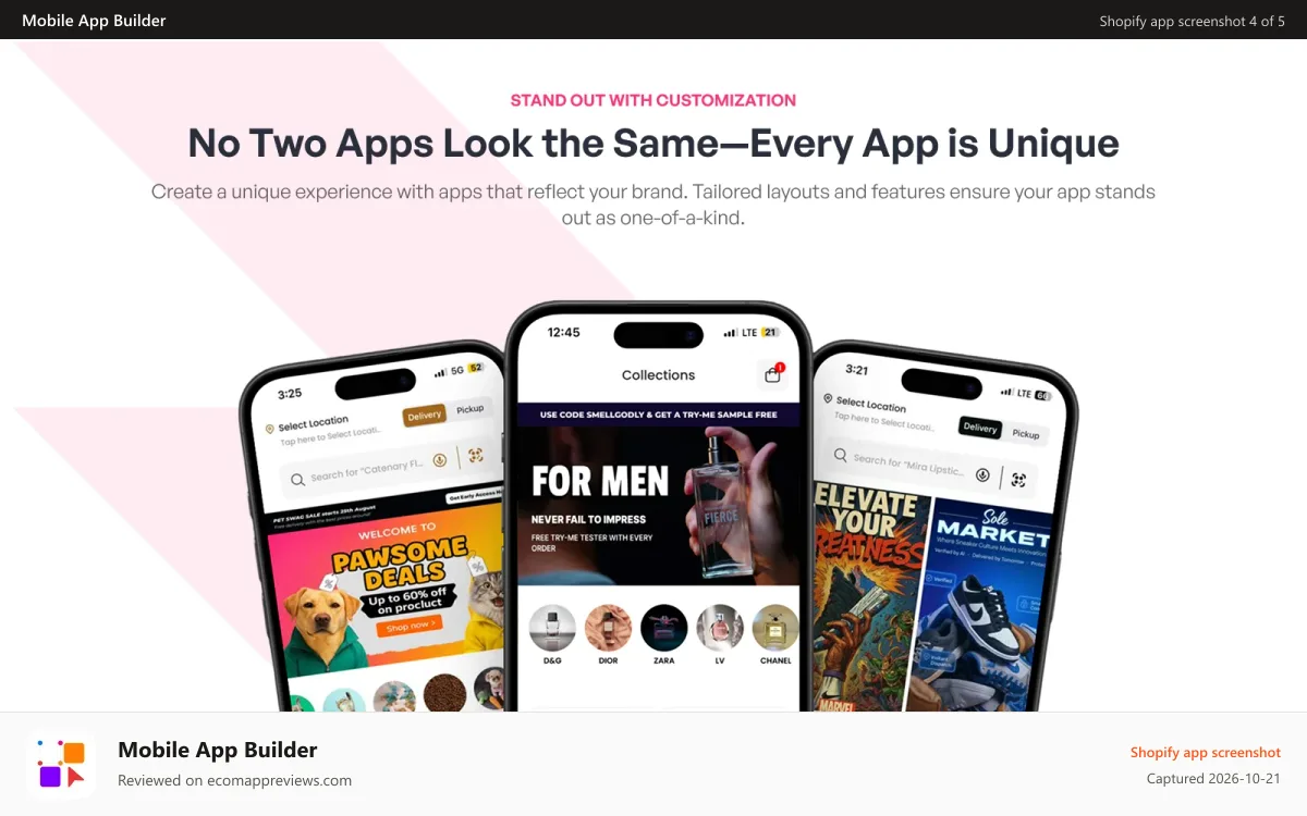 Mobile App Builder Shopify app screenshot: unique