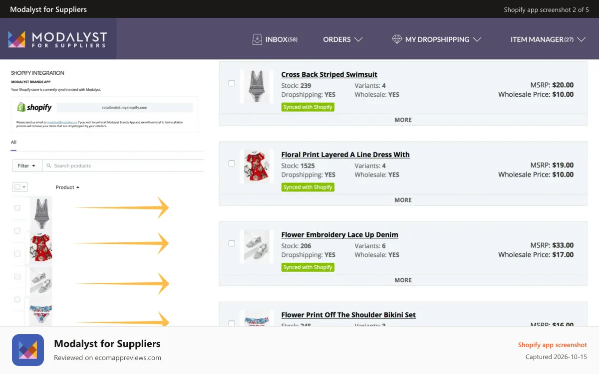 Modalyst for Suppliers Shopify app screenshot: Product details, inventory and orders are synced with Shopify