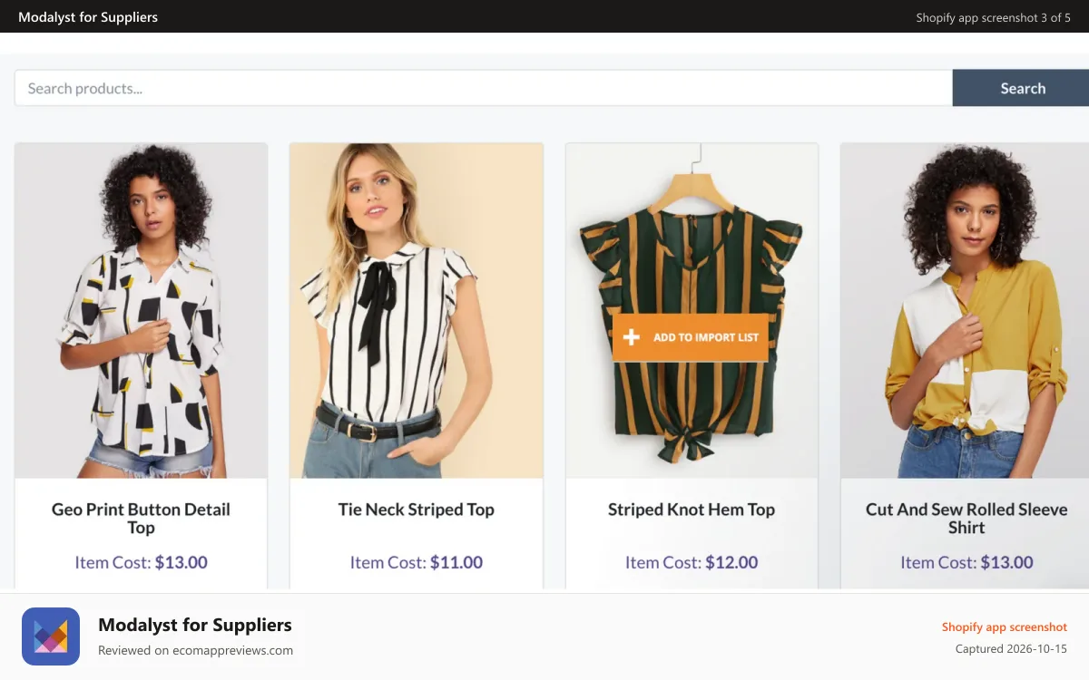 Modalyst for Suppliers Shopify app screenshot: Products are immediately available to thousands of stores
