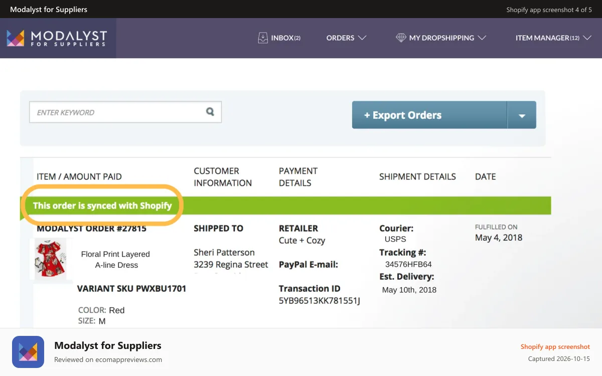 Modalyst for Suppliers Shopify app screenshot: Orders sync to Shopify, including customer's shipping info