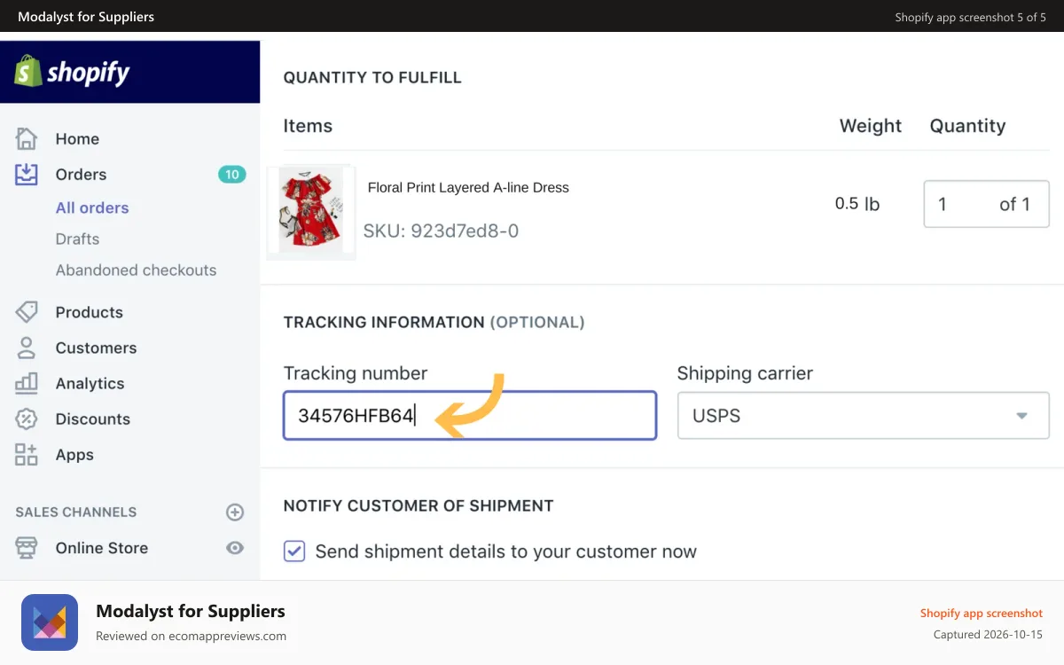 Modalyst for Suppliers Shopify app screenshot: Manage orders on Shopify and tracking info is sent to retailer