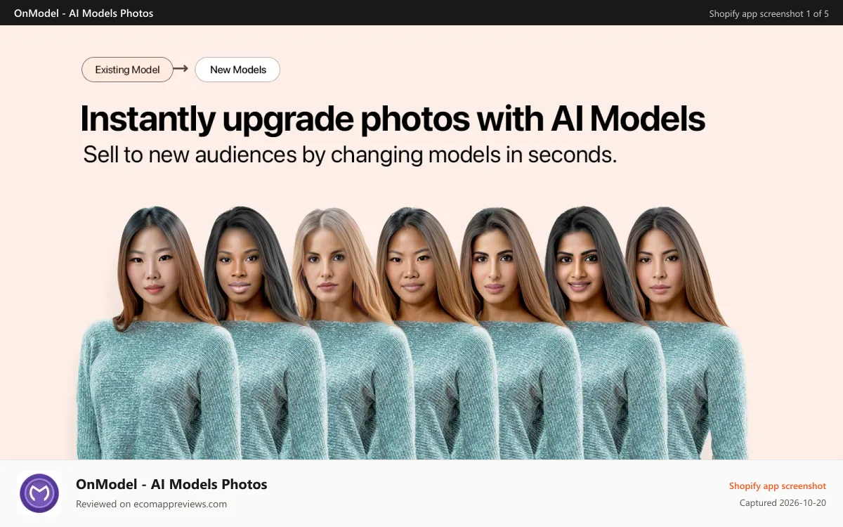 OnModel ‑ AI Models Photos Shopify app screenshot: Sell to new audiences by changing models in photos easily
