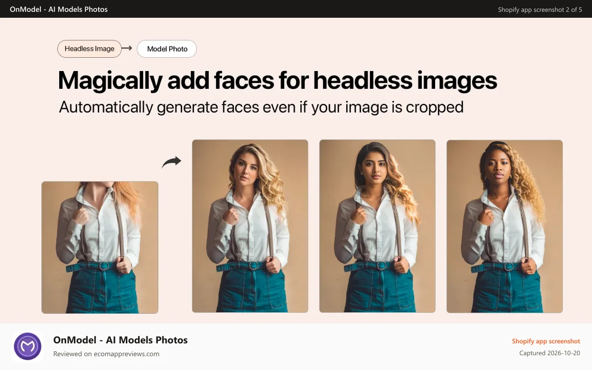 OnModel ‑ AI Models Photos Shopify app screenshot: Magically add faces to headless images