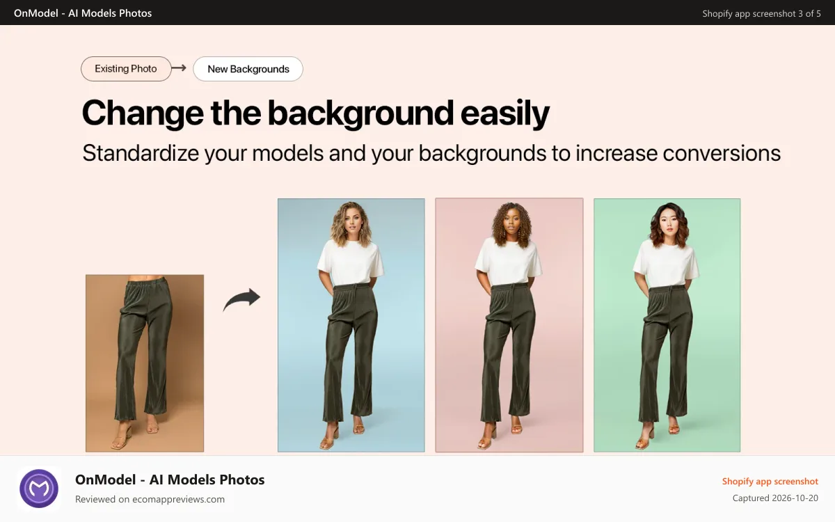 OnModel ‑ AI Models Photos Shopify app screenshot: Change the background and generate models at the same time