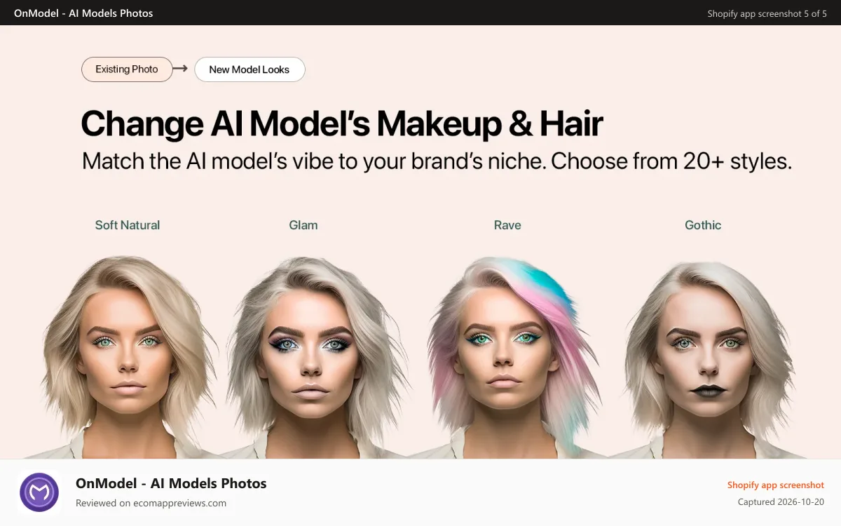 OnModel ‑ AI Models Photos Shopify app screenshot: Change makeup & hair of AI models to match your brand's niche