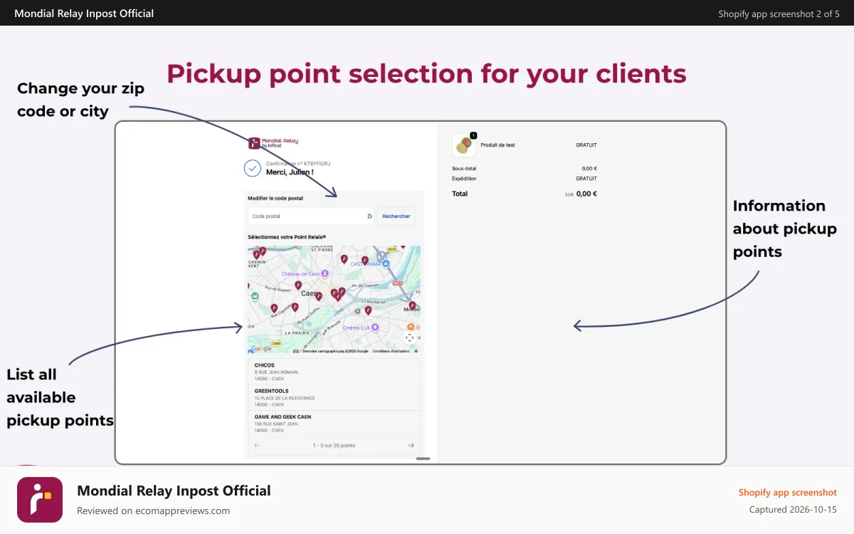Mondial Relay Inpost Official Shopify app screenshot: Let your client choose a pickup point