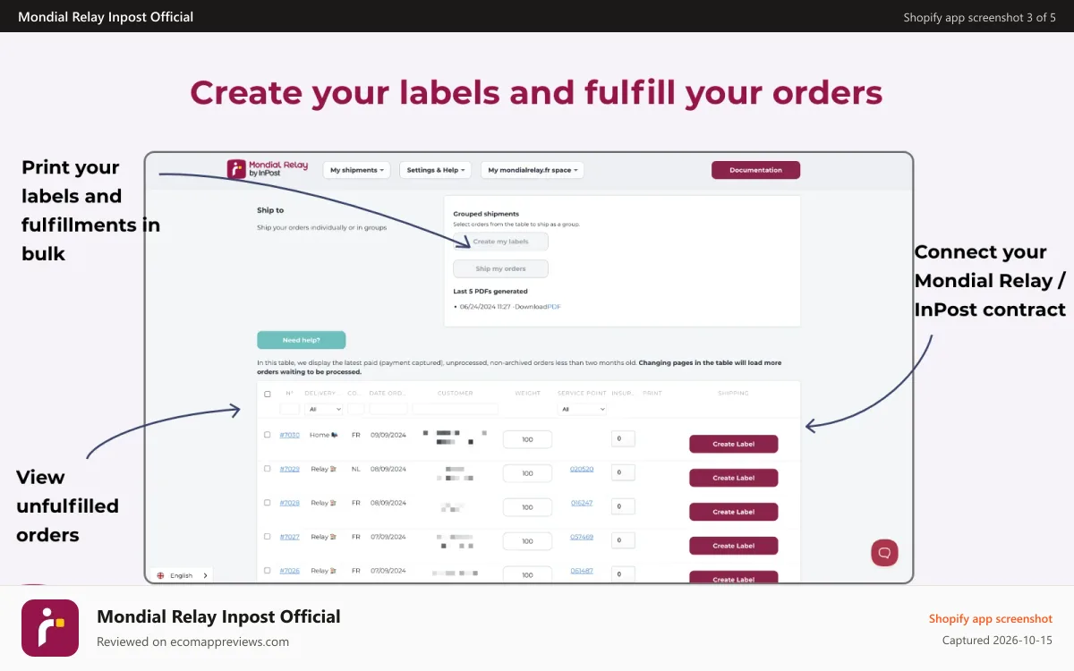 Mondial Relay Inpost Official Shopify app screenshot: Generate Mondial Relay labels