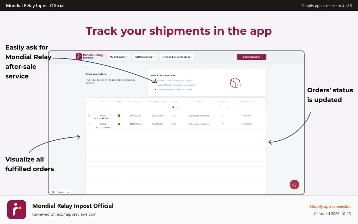 Mondial Relay Inpost Official Shopify app screenshot: Track your mondial relay shipments