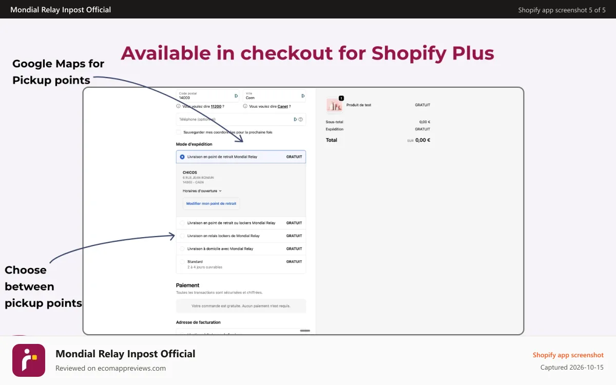 Mondial Relay Inpost Official Shopify app screenshot: Compatible with Shopify Plus stores
