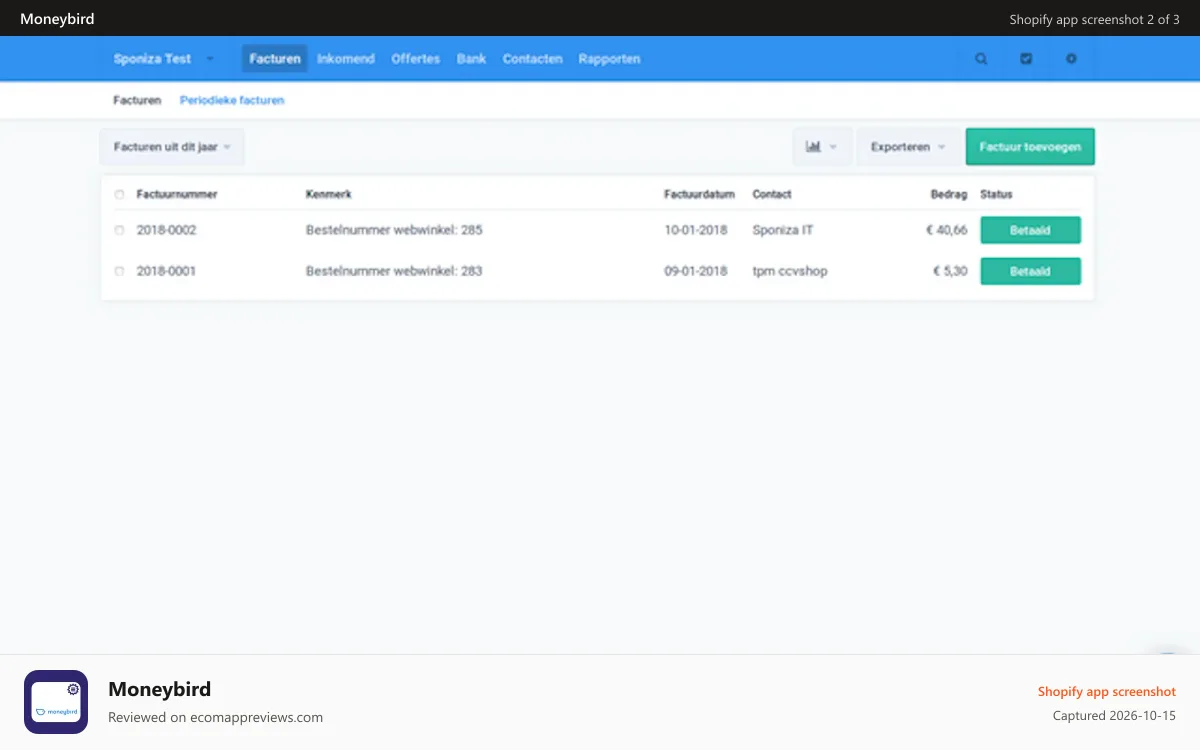Moneybird Shopify app screenshot: Moneybird webpage 1