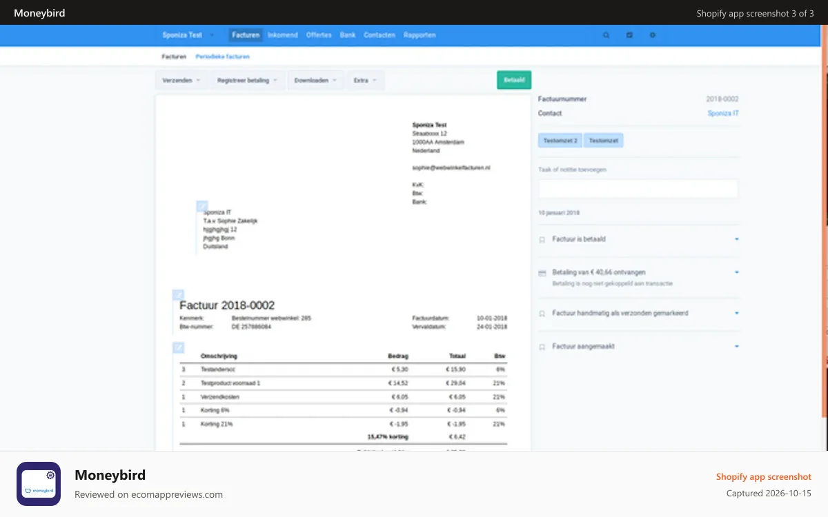 Moneybird Shopify app screenshot: Moneybird webpage 2