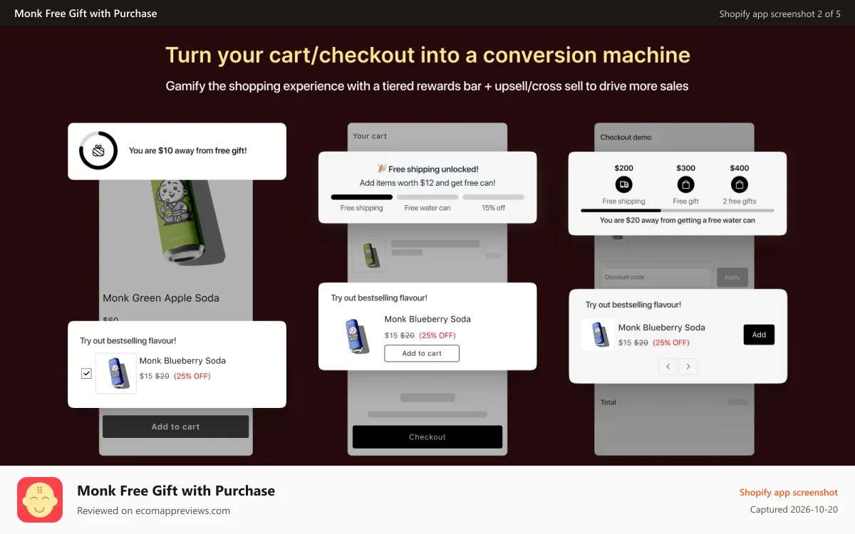 Monk Free Gift with Purchase Shopify app screenshot: Tiered progress bar and upsell cross sell