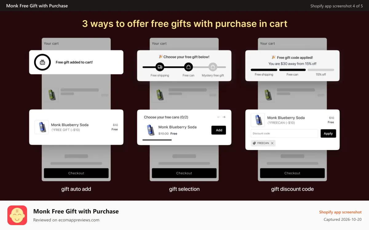 Monk Free Gift with Purchase Shopify app screenshot: free gift at cart