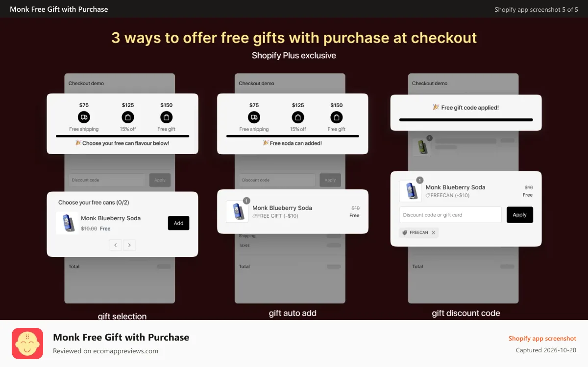 Monk Free Gift with Purchase Shopify app screenshot: free gift with purchase at checkout