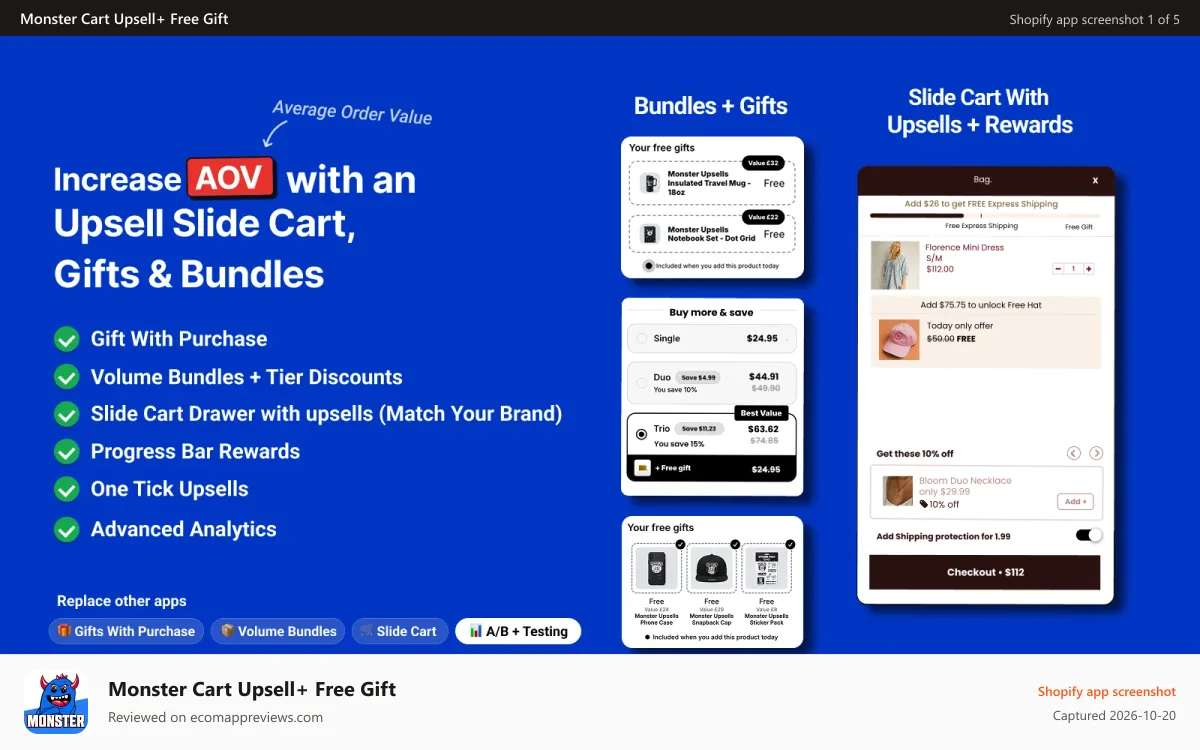 Monster Cart Upsell+ Free Gift Shopify app screenshot: Shopify Free Gift With Purchase In Cart Upsells Monster Upsell