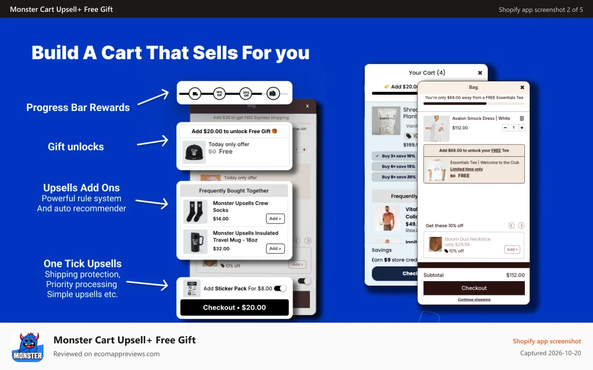 Monster Cart Upsell+ Free Gift Shopify app screenshot: Fully Customizable In Cart Upsell Drawer | Shopify app