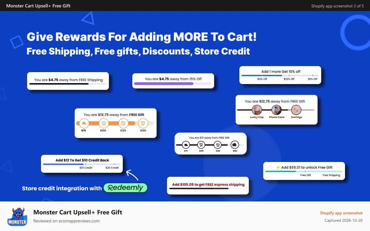 Monster Cart Upsell+ Free Gift Shopify app screenshot: Free Gift, Free Shipping, Discounts - Add To Unlock Progress Bar