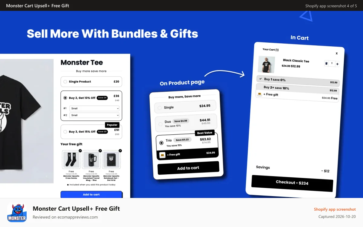 Monster Cart Upsell+ Free Gift Shopify app screenshot: Buy More Save More - Volume Discount - Shopify app