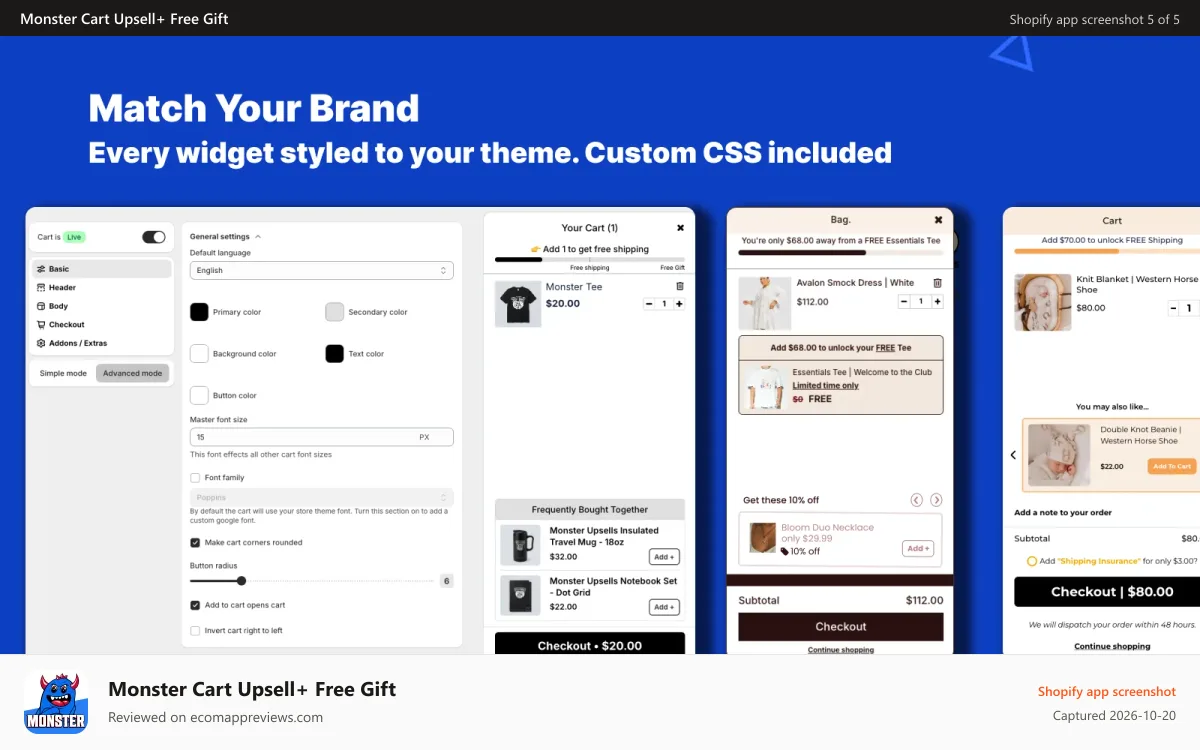 Monster Cart Upsell+ Free Gift Shopify app screenshot: One Tick Upsell - One Check Upsell | Shopify app