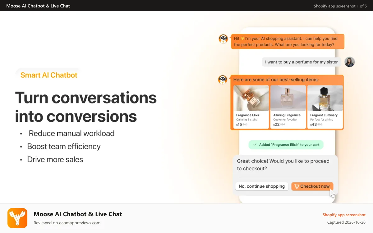 Moose AI Chatbot & Live Chat Shopify app screenshot: AI Chatbot automatically responds to customer questions 24/7