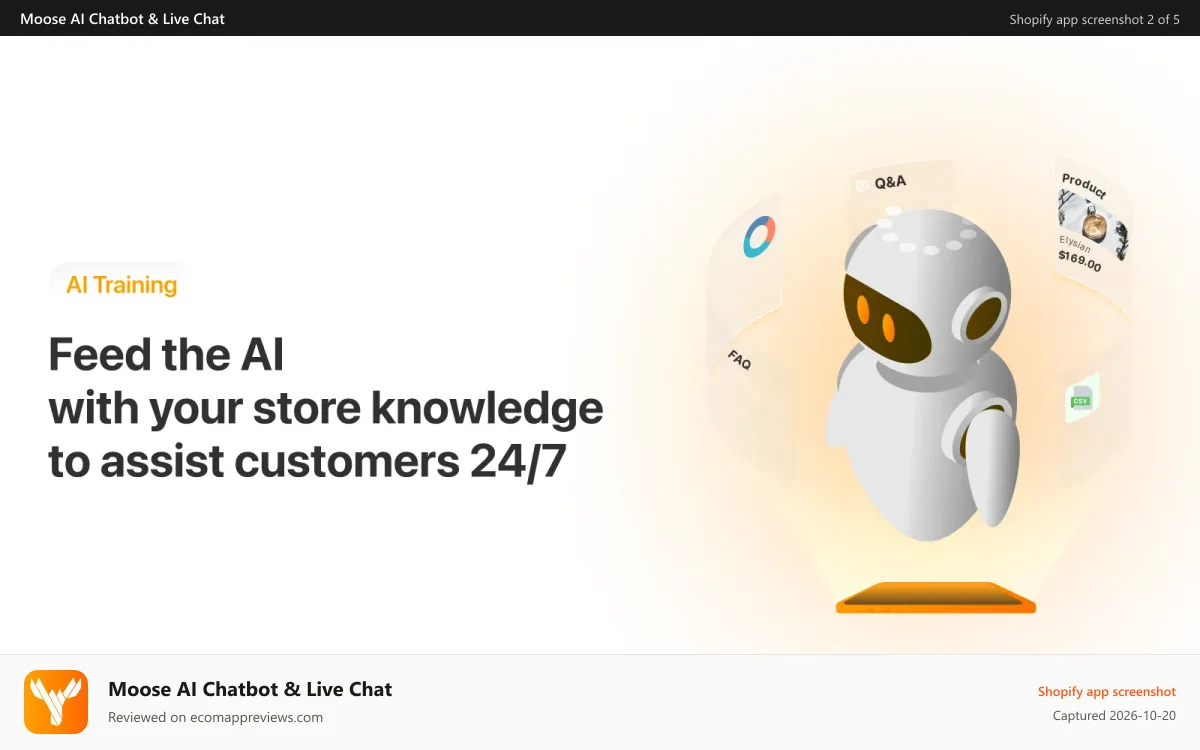 Moose AI Chatbot & Live Chat Shopify app screenshot: Moose AI data sources management for accurate responses.