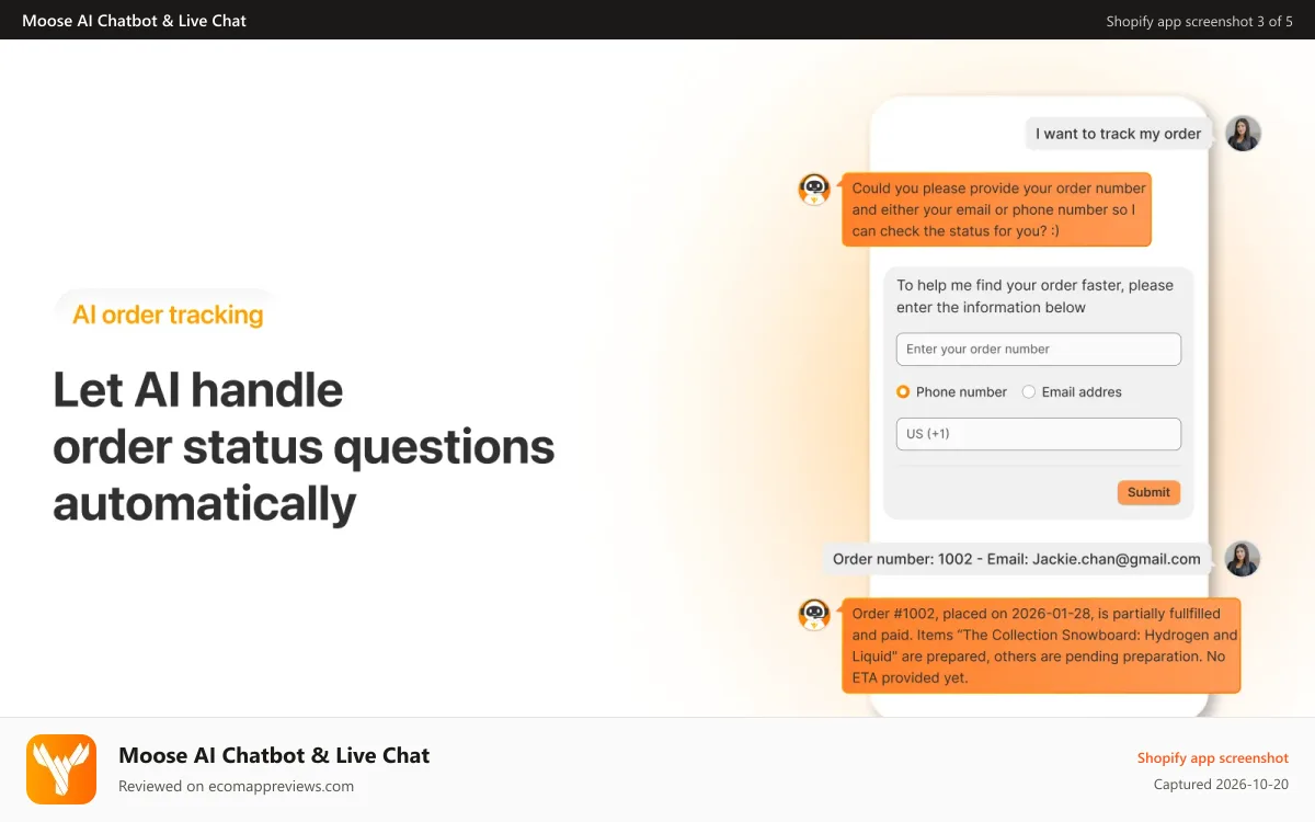 Moose AI Chatbot & Live Chat Shopify app screenshot: Moose AI order tracking to help you track orders and sell more