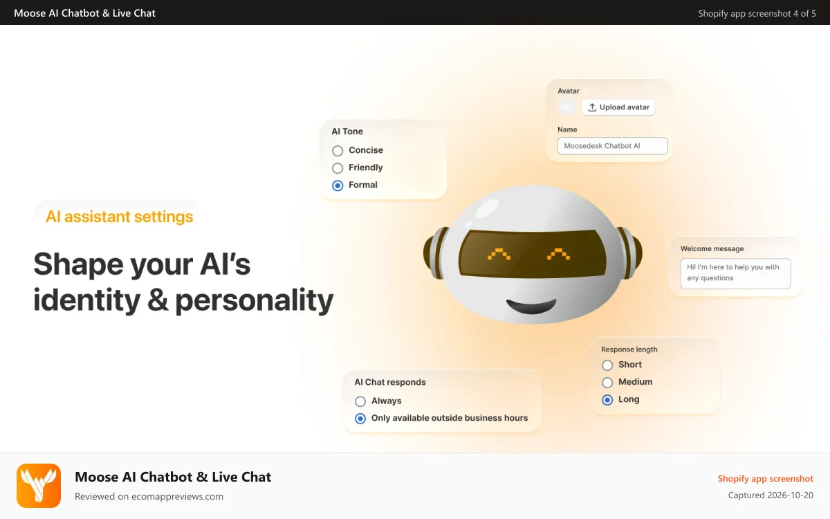 Moose AI Chatbot & Live Chat Shopify app screenshot: Setup AI Chatbot personality and characteristic