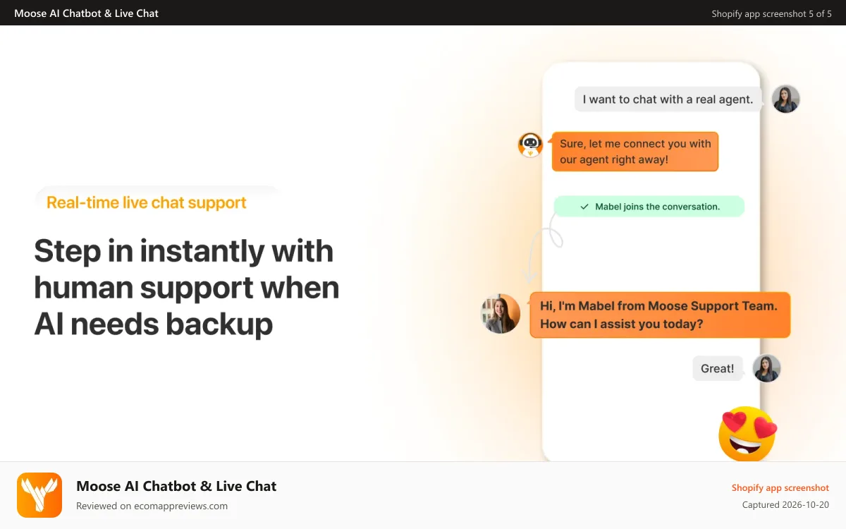 Moose AI Chatbot & Live Chat Shopify app screenshot: Moose AI real-time live chat support for 24/7 customer support.