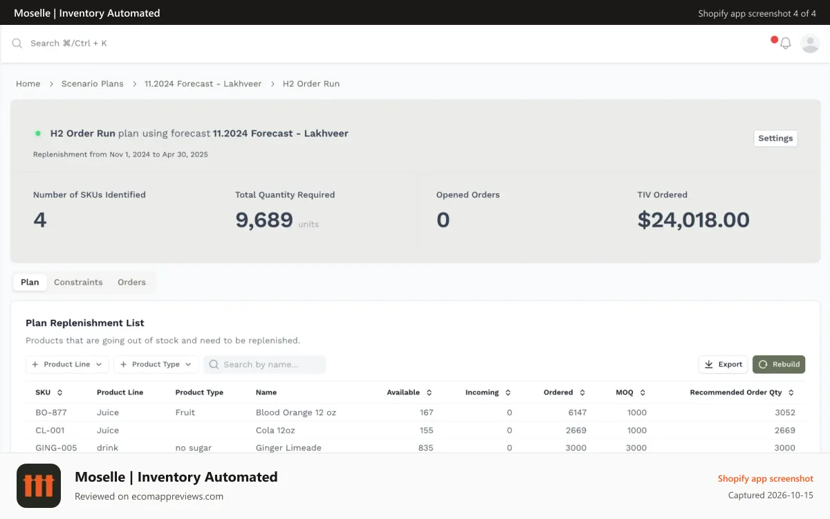 Moselle | Inventory Automated Shopify app screenshot: Generate Orders for Replenishment or Allocation