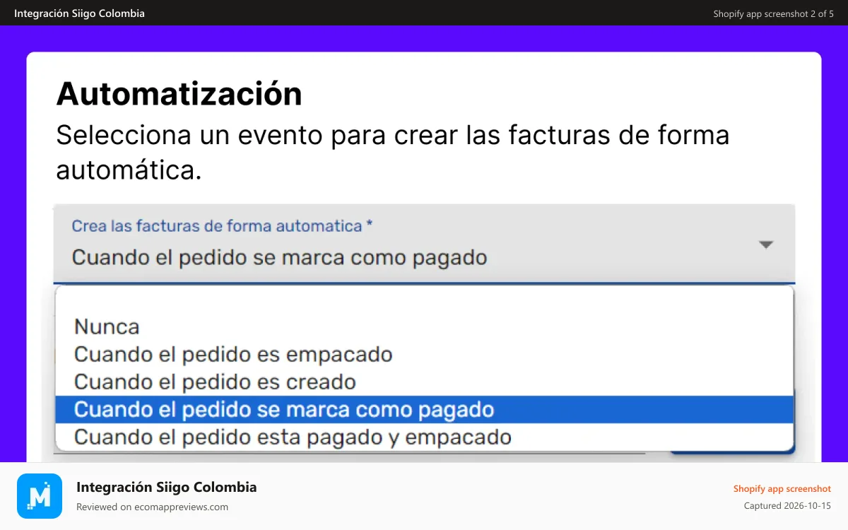 Integración Siigo Colombia Shopify app screenshot: Automatización de facturación