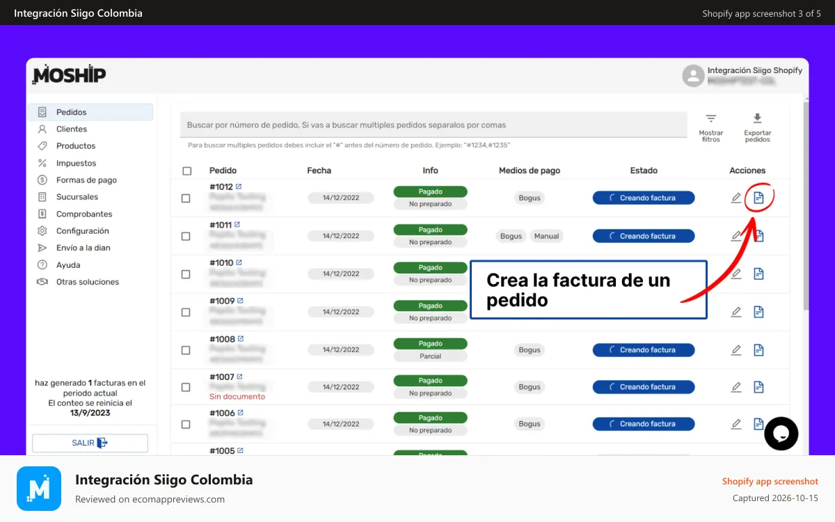 Integración Siigo Colombia Shopify app screenshot: Crea la factura de un pedido