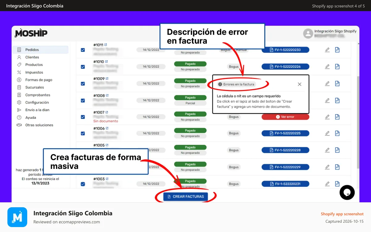 Integración Siigo Colombia Shopify app screenshot: Errores y facturas masivas