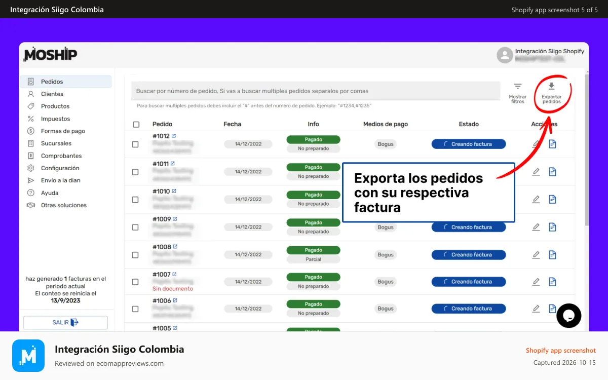 Integración Siigo Colombia Shopify app screenshot: Exporta los pedidos con su respectiva factura