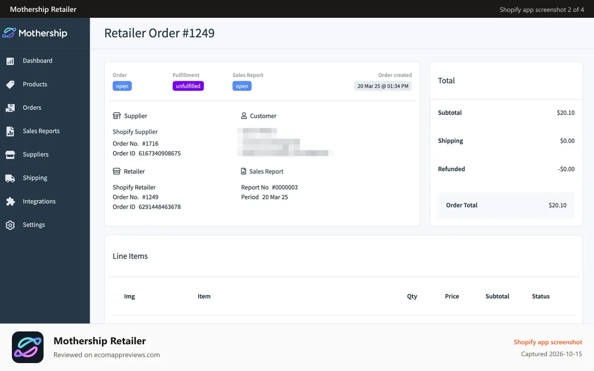 Mothership Retailer Shopify app screenshot: Send orders to your suppliers