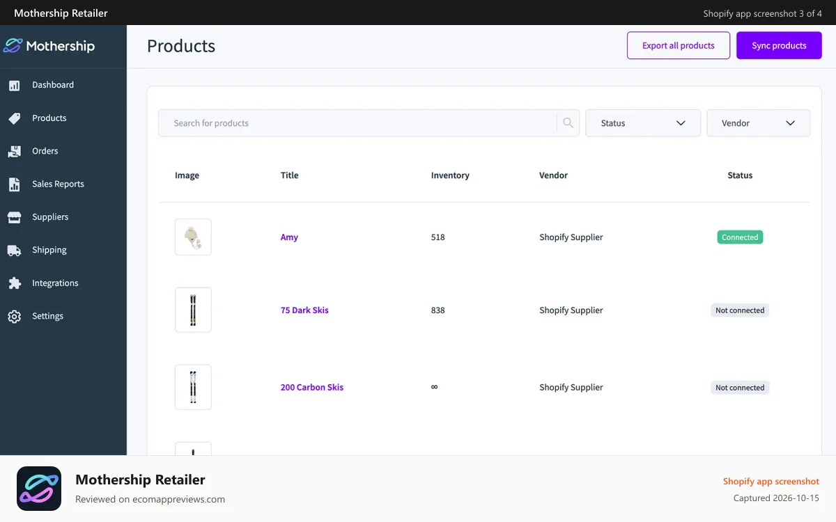 Mothership Retailer Shopify app screenshot: Sync product data from your suppliers