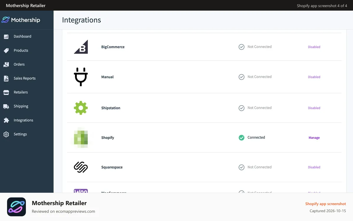 Mothership Retailer Shopify app screenshot: Work with partners on other ecommerce platforms