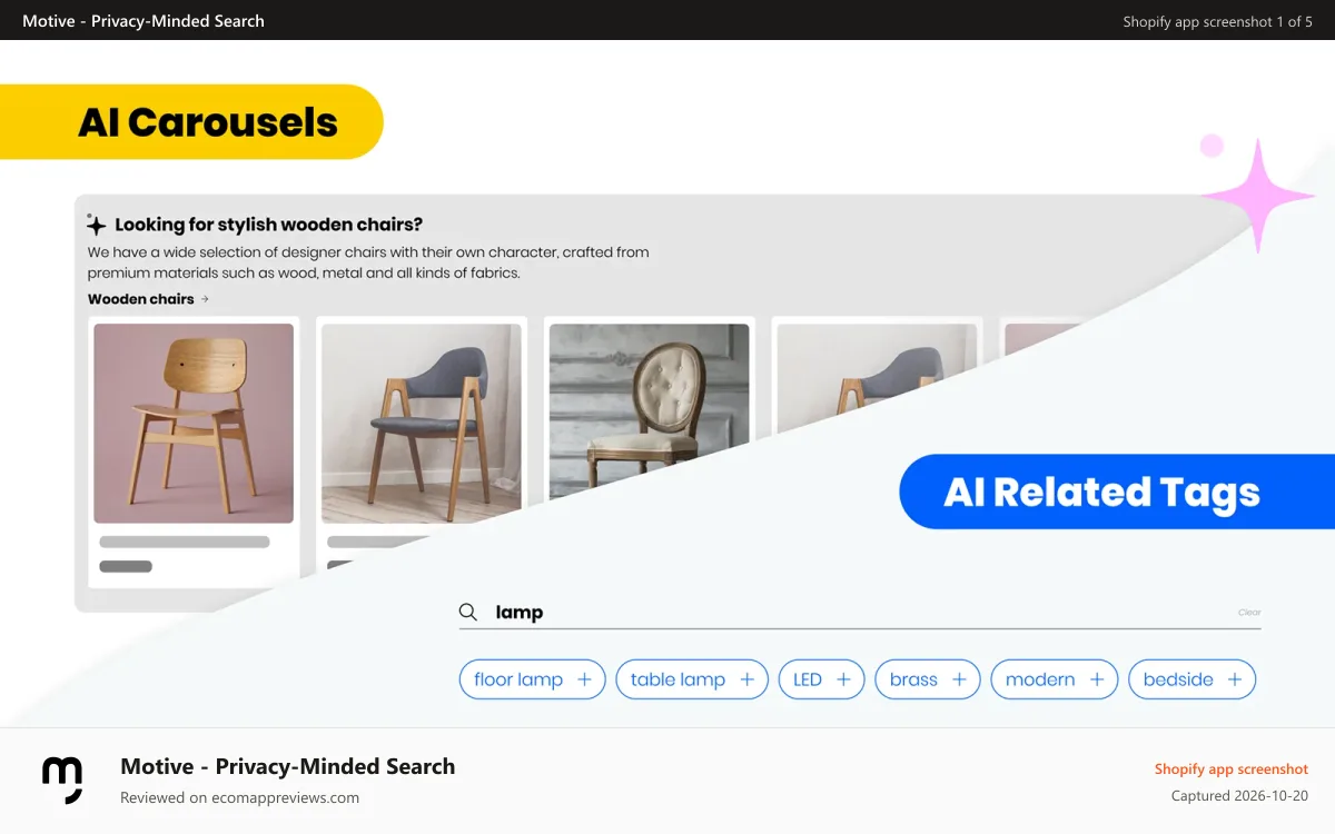 Motive ‑ Privacy‑Minded Search Shopify app screenshot: Motive Commerce Search AI Assisted Search